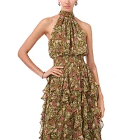 1. STATE Floral Yoryu Halter Bow Tie Neck Sleeveless Smocked Waist Running Ruffle A-Line Flounce Maxi Dress