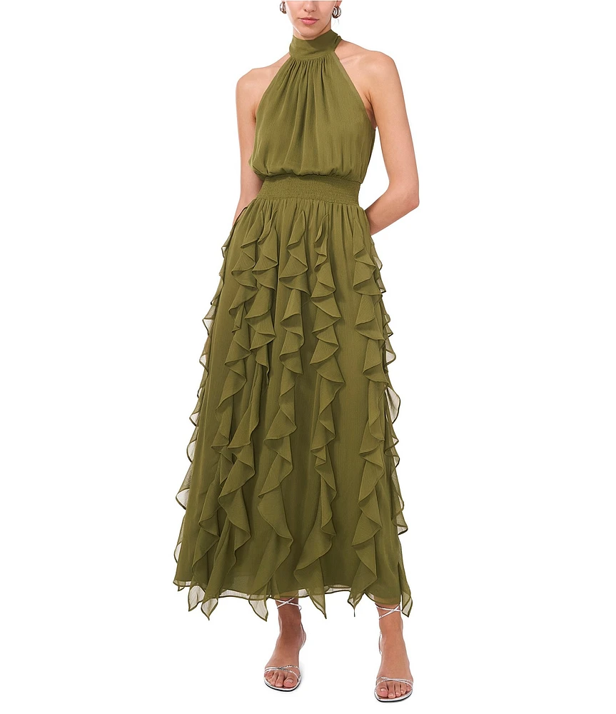 1. STATE Flounce Cascading Halter Neck Sleeveless Maxi Dress