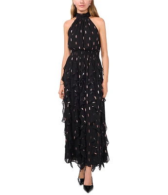 1. STATE Flounce Cascading Metallic Foil Maxi Dress