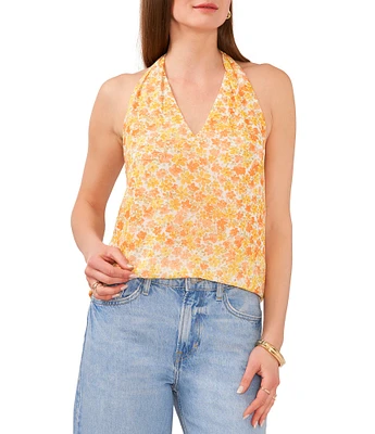 1. STATE Glowing Petals Print Sleeveless Halter V-Neck Gauze Chiffon Top