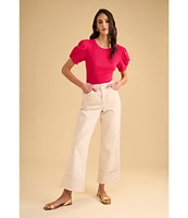 1. STATE Knotted Crew Neck Short Puff Sleeve Top