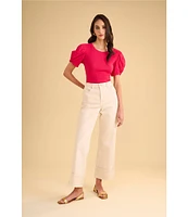 1. STATE Knotted Crew Neck Short Puff Sleeve Top