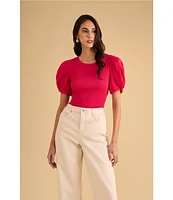 1. STATE Knotted Crew Neck Short Puff Sleeve Top