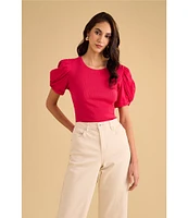 1. STATE Knotted Crew Neck Short Puff Sleeve Top
