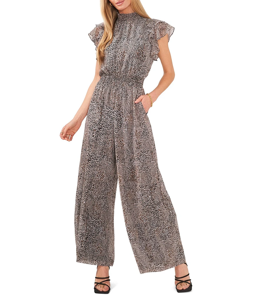 1. STATE Leopard Print Flutter Cap Sleeve Smocked Waist Mock Neck Jumpsuit