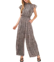 1. STATE Leopard Print Flutter Cap Sleeve Smocked Waist Mock Neck Jumpsuit