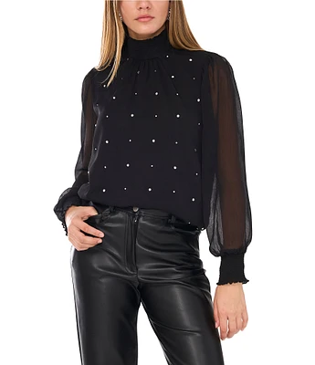 1. STATE Mesh Mock Neck Long Sleeve Blouse