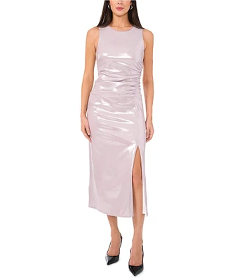 1. STATE Metallic Foil Jewel Neck Sleeveless Sheath Midi Dress