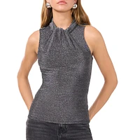 1. STATE Metallic Ruched Twist Front Mock Neck Sleeveless Fitted Top