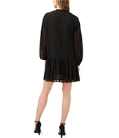 1. STATE Nailhead Embellished Chiffon Long Blouson Sleeve Split V-Neck Tie Front Trapeze Mini Dress