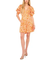 1. STATE Paisley Print V-Neck Short Puff Sleeve Dress