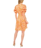 1. STATE Paisley Print V-Neck Short Puff Sleeve Dress