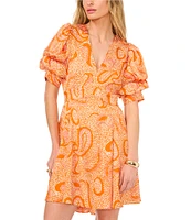 1. STATE Paisley Print V-Neck Short Puff Sleeve Dress