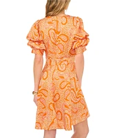 1. STATE Paisley Print V-Neck Short Puff Sleeve Dress