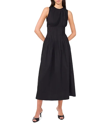 1. STATE Poplin Crew Neckline Sleeveless Pintuck Midi Fit And Flare Dress
