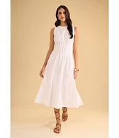 1. STATE Poplin Crew Neckline Sleeveless Pintuck Midi Fit And Flare Dress