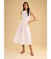 1. STATE Poplin Crew Neckline Sleeveless Pintuck Midi Fit And Flare Dress