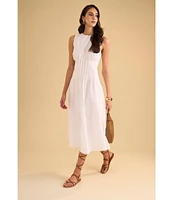1. STATE Poplin Crew Neckline Sleeveless Pintuck Midi Fit And Flare Dress