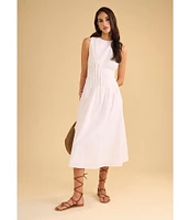 1. STATE Poplin Crew Neckline Sleeveless Pintuck Midi Fit And Flare Dress