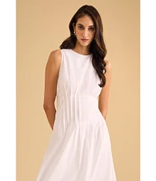 1. STATE Poplin Crew Neckline Sleeveless Pintuck Midi Fit And Flare Dress