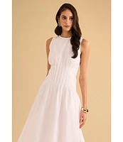 1. STATE Poplin Crew Neckline Sleeveless Pintuck Midi Fit And Flare Dress