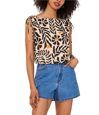 1. STATE Printed Boat Neck Sleeveless Bubble Hem Top