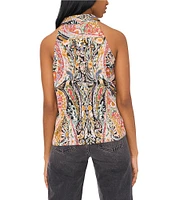 1. STATE Printed Point Collar Neckline Sleeveless Button Down Paisley Blouse