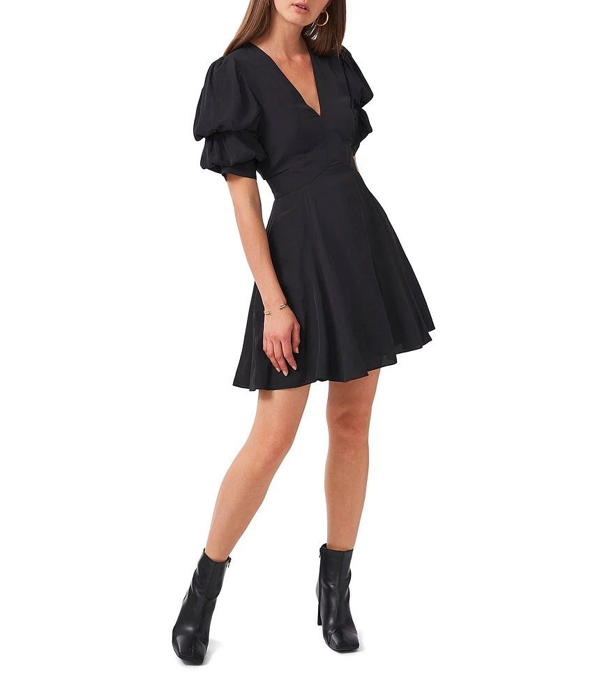 1. STATE Short Puffed Sleeve V-Neck Suede Satin Mini Dress