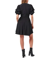 1. STATE Short Puffed Sleeve V-Neck Suede Satin Mini Dress