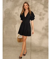 1. STATE Short Puffed Sleeve V-Neck Suede Satin Mini Dress