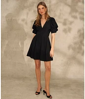 1. STATE Short Puffed Sleeve V-Neck Suede Satin Mini Dress