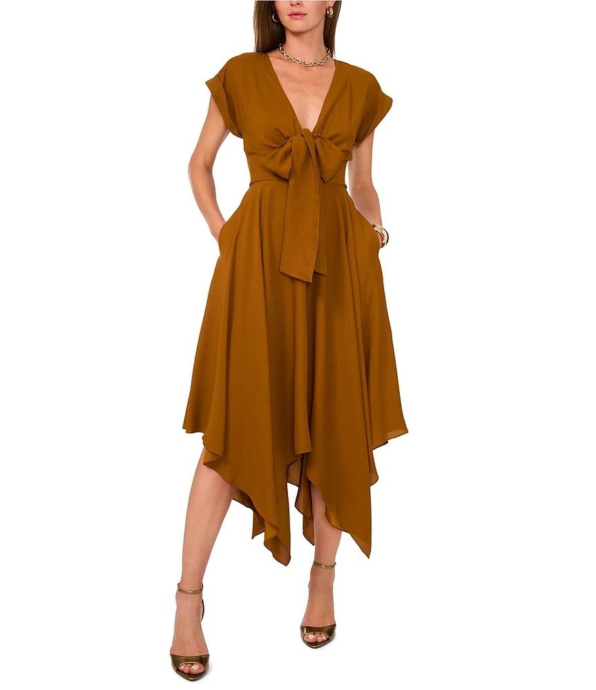 1. STATE Short Sleeve Asymmetrical Hem Tie Front Midi Dress