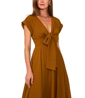 1. STATE Short Sleeve Asymmetrical Hem Tie Front Midi Dress