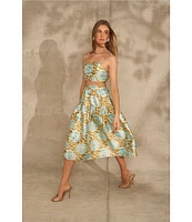 1. STATE Sketched Floral Print Round Twill Square Neck Sleeveless Spaghetti Strap Coordinating Cropped Top