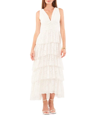 1. STATE Sleeveless V-Neck Empire Waist Ruffle Tiered Lace Midi Dress