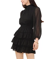 1. STATE Smock Mock Neck Sheer Long Sleeve Tiered Mini Dress