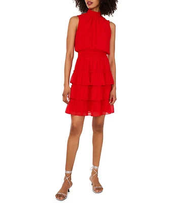 1. STATE Smocked Mock Neck Sleeveless Ruffle Tiered Mini Dress