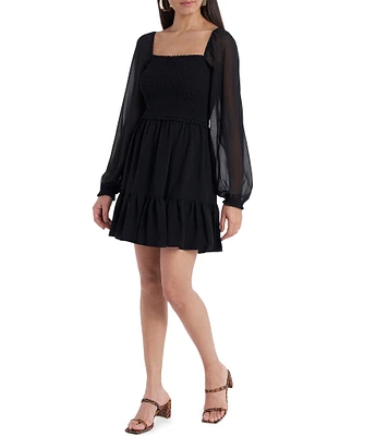 1. STATE Smocked Waist Tiered Ruffle Hem Square Neck Long Sheer Balloon Sleeve A-Line Dress