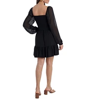 1. STATE Smocked Waist Tiered Ruffle Hem Square Neck Long Sheer Balloon Sleeve A-Line Dress