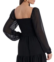 1. STATE Smocked Waist Tiered Ruffle Hem Square Neck Long Sheer Balloon Sleeve A-Line Dress