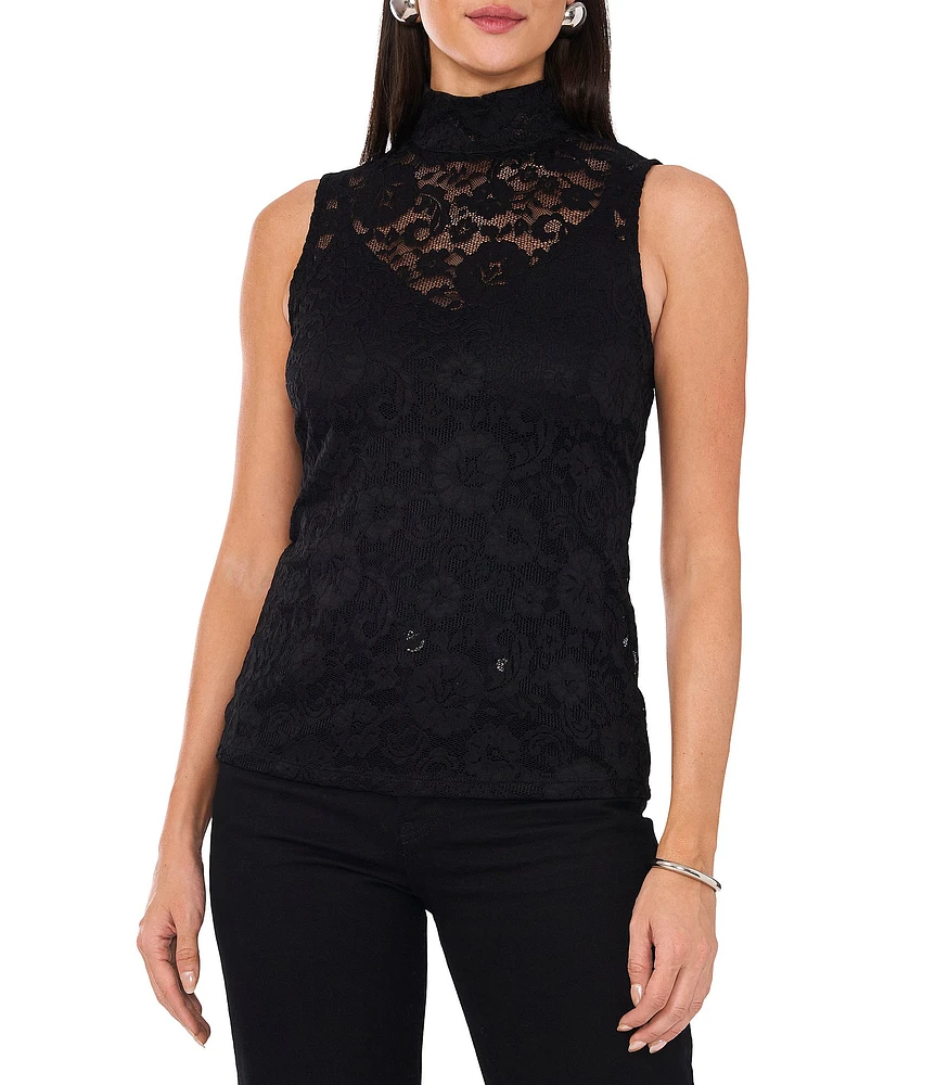 1. STATE Stretch Floral Lace Sheer Mock Neck Sleeveless Blouse