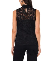 1. STATE Stretch Floral Lace Sheer Mock Neck Sleeveless Blouse