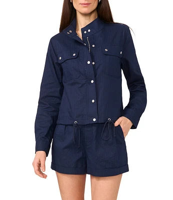 1. STATE Striped Stand Collar Long Sleeve Draw Cord Zip Up Jacket