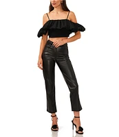 1. STATE Taffeta Bubble Off-the-Shoulder Short Sleeve Cropped Ponte Top