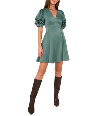 1. STATE Tiered Bubble Sleeve V Neckline Fit-n-Flare Dress