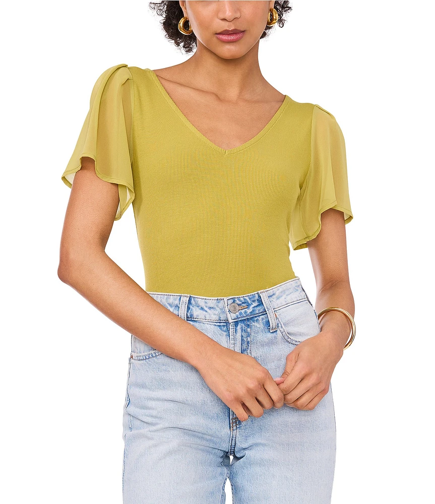 1. STATE V-Neck Chiffon Short Flutter Sleeve Ribbed Knit Top