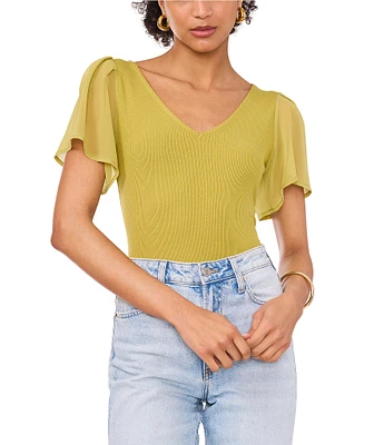 1. STATE V-Neck Chiffon Short Flutter Sleeve Ribbed Knit Top