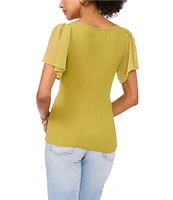 1. STATE V-Neck Chiffon Short Flutter Sleeve Ribbed Knit Top