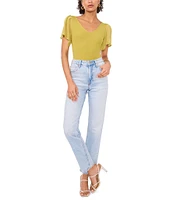 1. STATE V-Neck Chiffon Short Flutter Sleeve Ribbed Knit Top