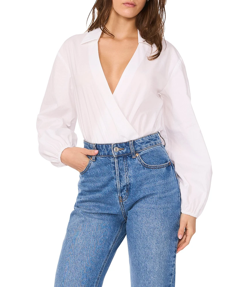 1. STATE V-Neck Collar Long Sleeve Wrap Front Bodysuit